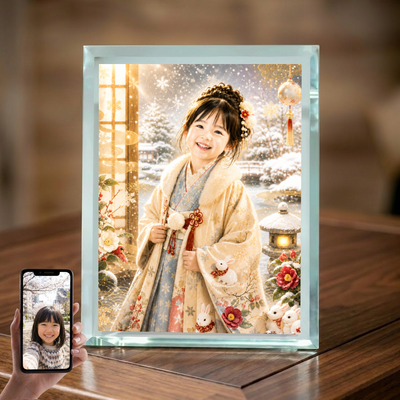 敬老の日 プレゼント 孫 写真入り 名入れ 雪うさぎ 冬着物 ガラスフォトフレーム