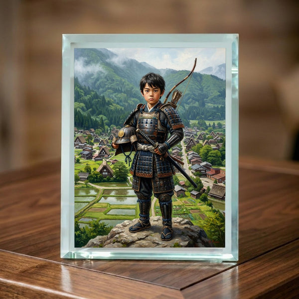 【名入れ対応】侍の戦士たちと古代の村々ガラスフォトフレーム｜男の子向けカスタムフォトパネル