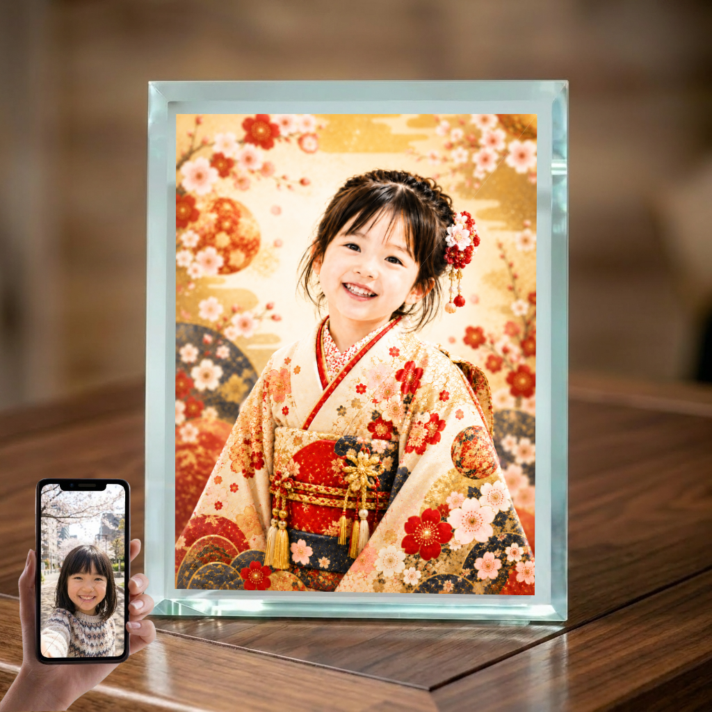 敬老の日 プレゼント 孫 写真入り 名入れ 七五三風 晴れ着 ガラスフォトフレーム