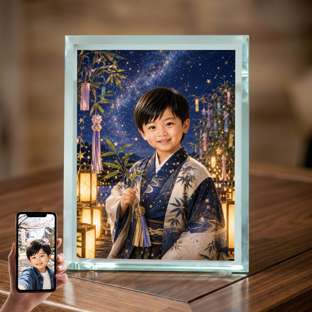 男の子 写真入り 名入れ 七夕 星まつり ガラスフォトフレーム