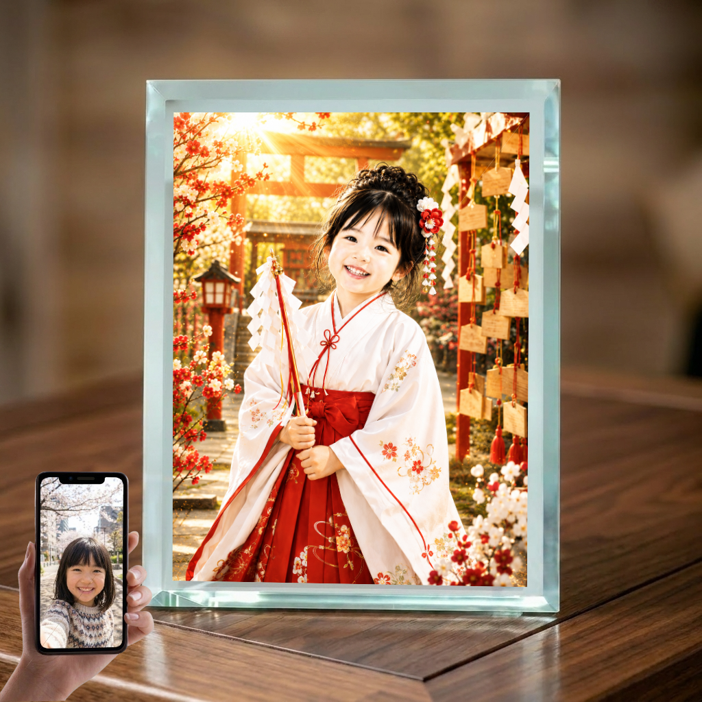 敬老の日 プレゼント 孫 写真入り 名入れ 巫女さん風 ガラスフォトフレーム