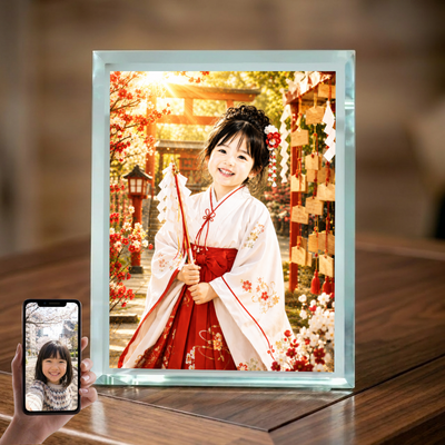 敬老の日 プレゼント 孫 写真入り 名入れ 巫女さん風 ガラスフォトフレーム
