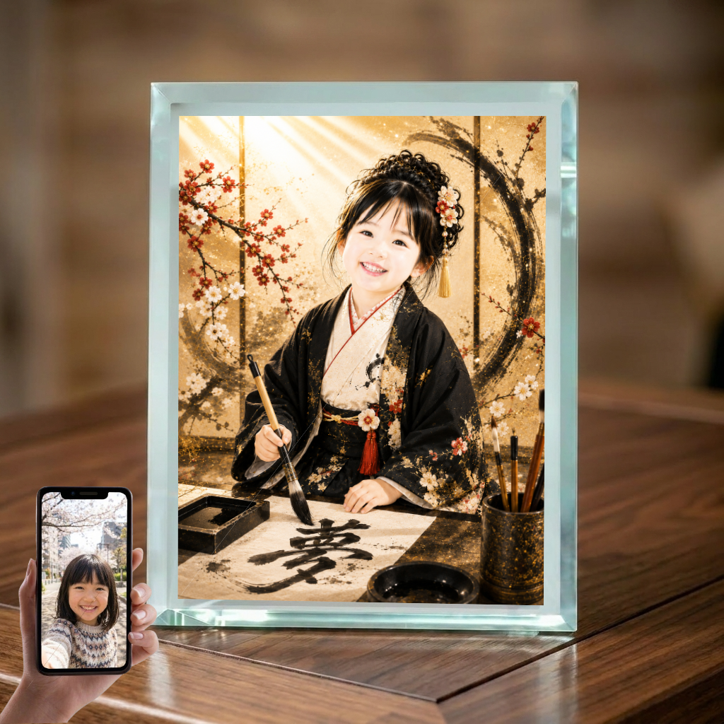 敬老の日 プレゼント 孫 写真入り 名入れ 書道家 着物 ガラスフォトフレーム