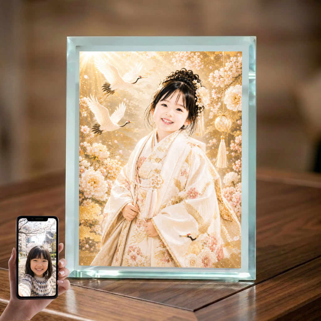 敬老の日 プレゼント 孫 写真入り 名入れ 白い祝着 鶴柄 ガラスフォトフレーム