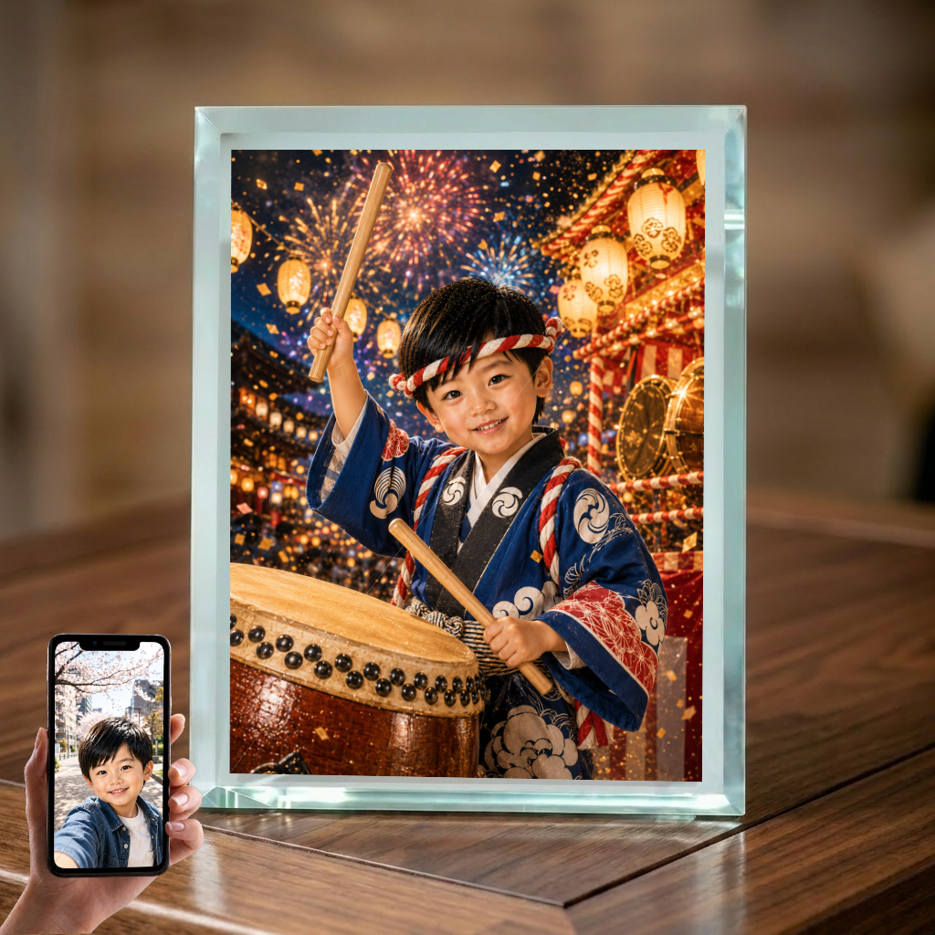 男の子 写真入り 名入れ 祭り 太鼓 法被 ガラスフォトフレーム