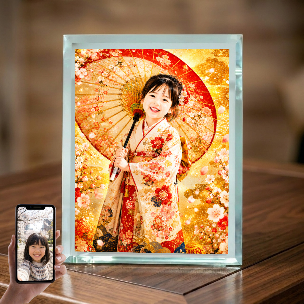 敬老の日 プレゼント 孫 写真入り 名入れ 番傘 着物 ガラスフォトフレーム