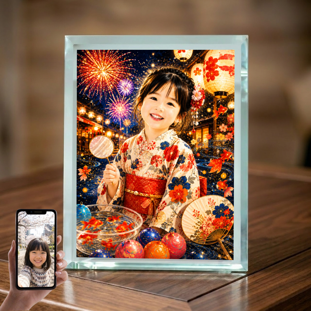 敬老の日 プレゼント 孫 写真入り 名入れ 夏祭り 浴衣 ガラスフォトフレーム