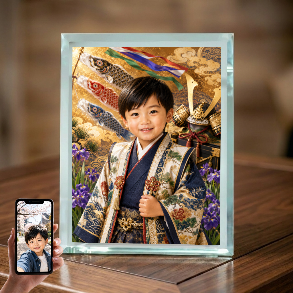 端午の節句 男の子 写真入り 名入れ 陣羽織 ガラスフォトフレーム