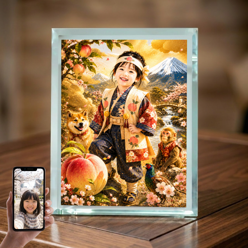 敬老の日 プレゼント 孫 写真入り 名入れ 桃太郎風 ものがたり ガラスフォトフレーム