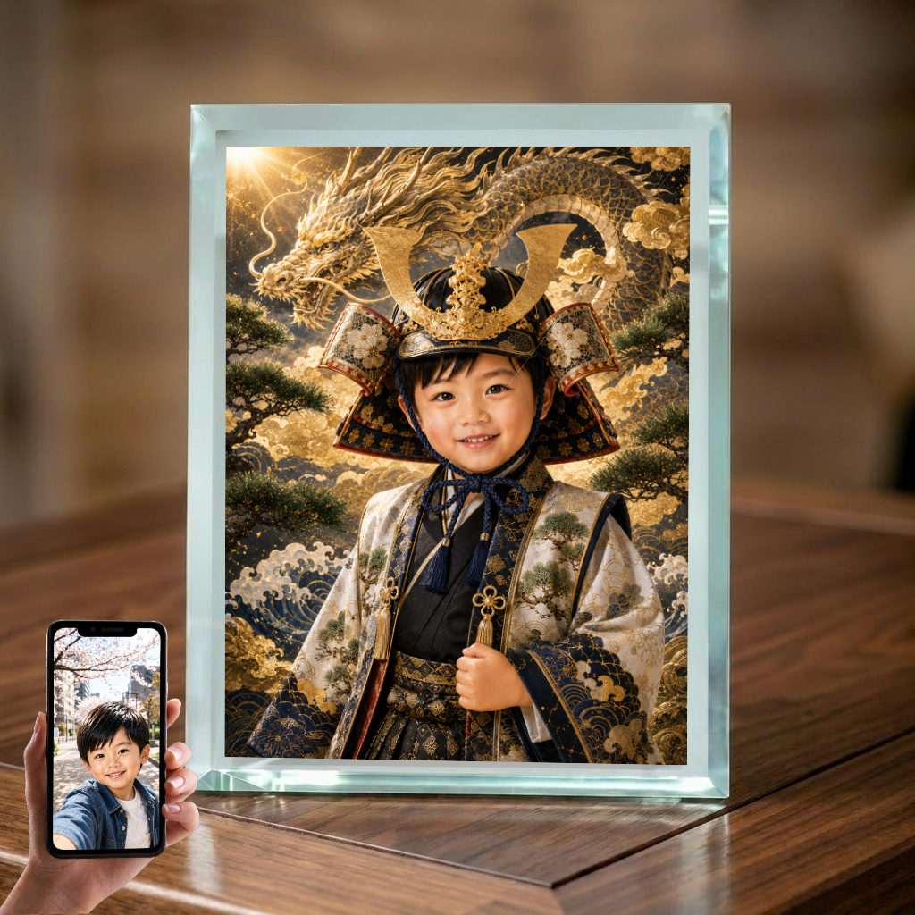 初節句 男の子 写真入り 名入れ 龍 兜 ガラスフォトフレーム
