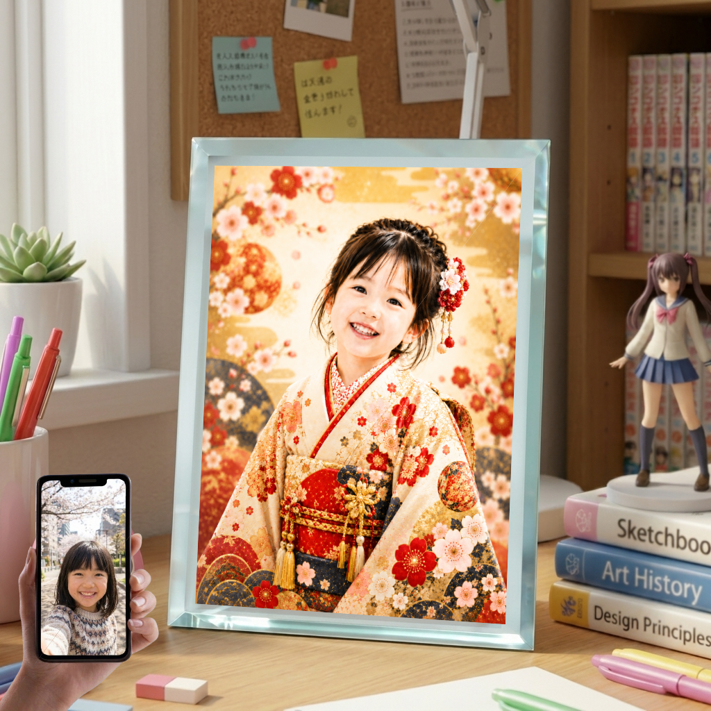 敬老の日 プレゼント 孫 写真入り 名入れ 七五三風 晴れ着 ガラスフォトフレーム