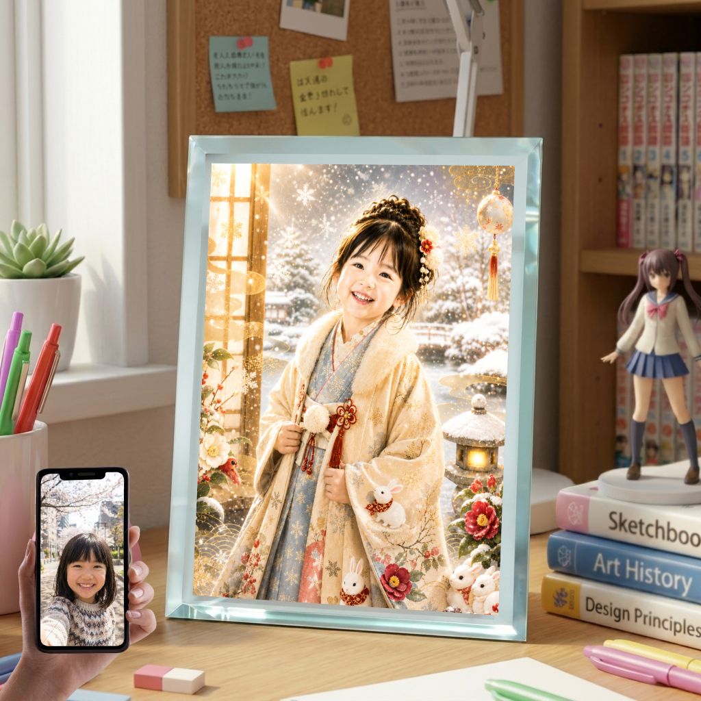 敬老の日 プレゼント 孫 写真入り 名入れ 雪うさぎ 冬着物 ガラスフォトフレーム