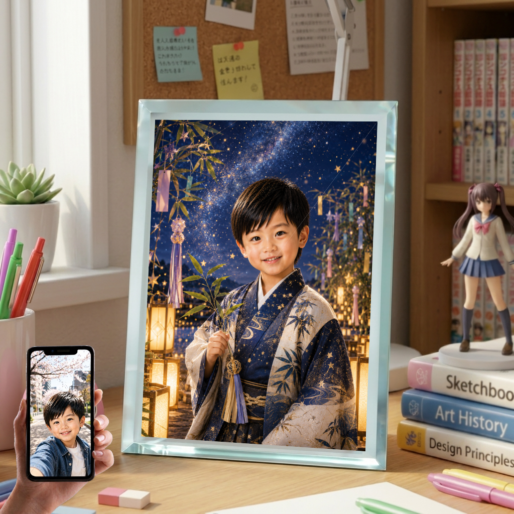 男の子 写真入り 名入れ 七夕 星まつり ガラスフォトフレーム