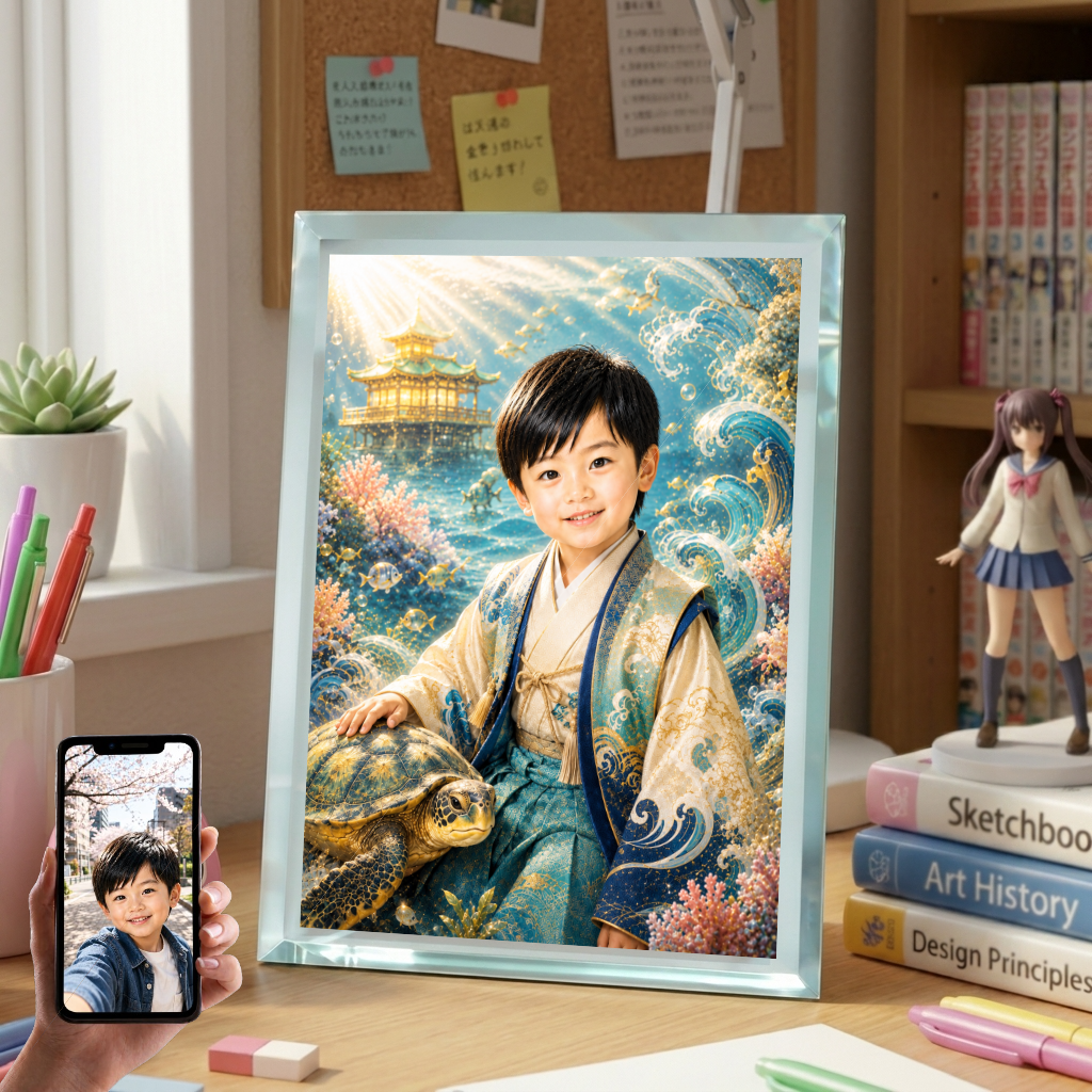 男の子 写真入り 名入れ 浦島太郎風 海の物語 ガラスフォトフレーム