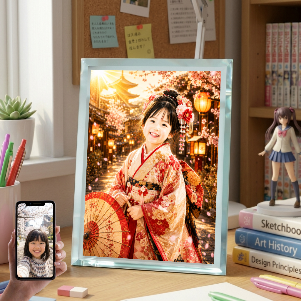 敬老の日 プレゼント 孫 写真入り 名入れ 舞妓さん風 京都 ガラスフォトフレーム