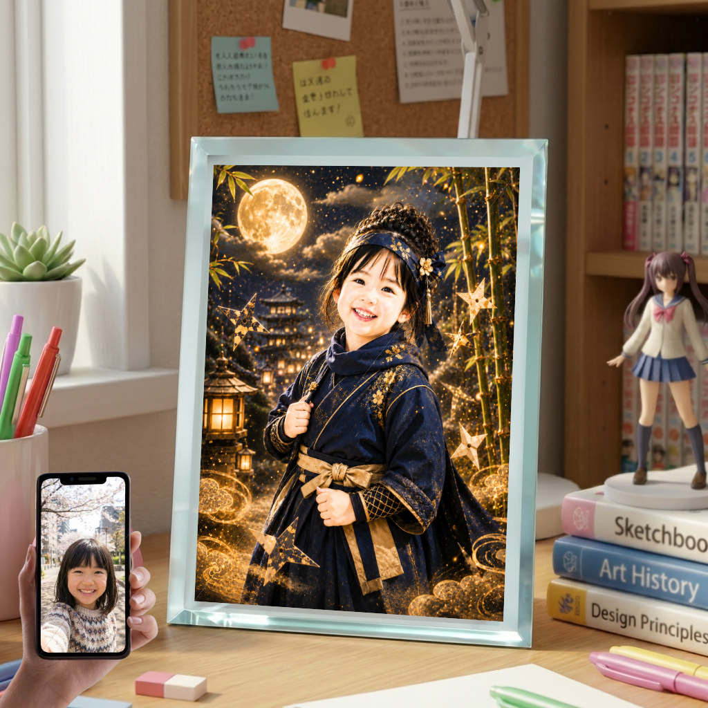敬老の日 プレゼント 孫 写真入り 名入れ 忍者ごっこ ガラスフォトフレーム