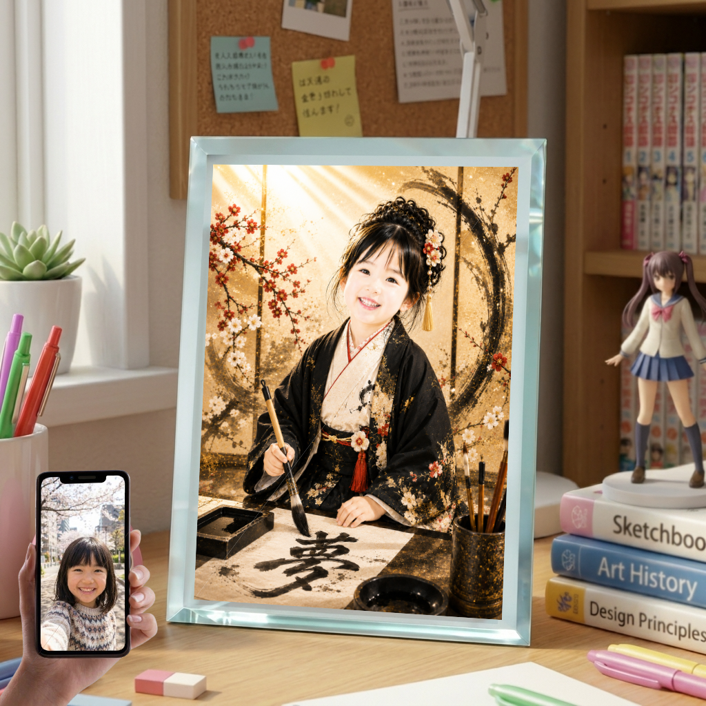 敬老の日 プレゼント 孫 写真入り 名入れ 書道家 着物 ガラスフォトフレーム