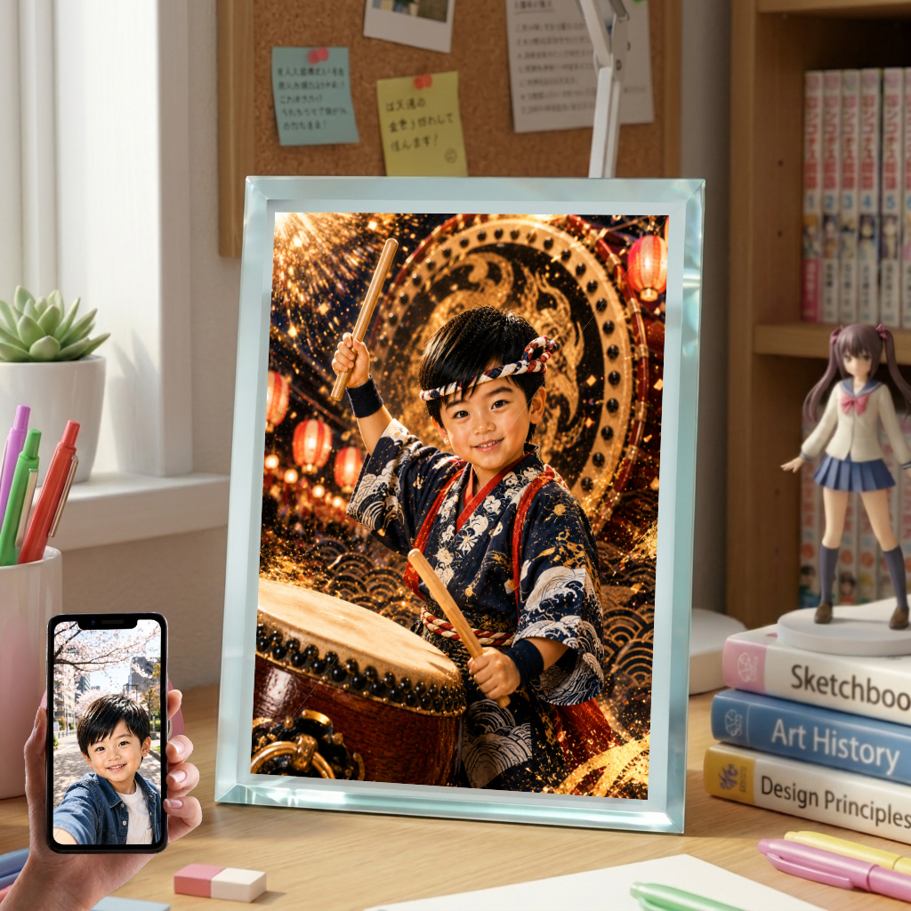 男の子 写真入り 名入れ 和太鼓 ヒーロー ガラスフォトフレーム