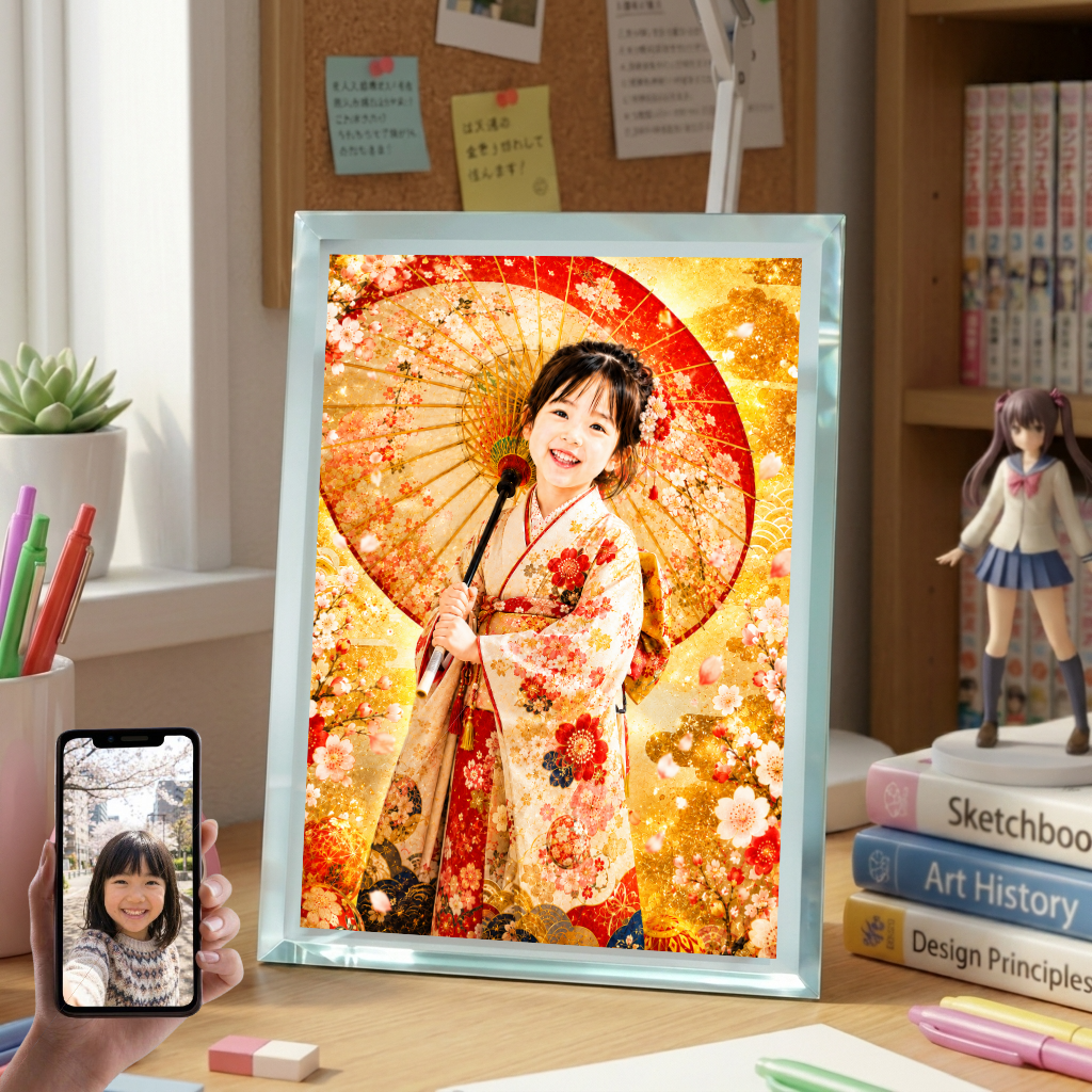 敬老の日 プレゼント 孫 写真入り 名入れ 番傘 着物 ガラスフォトフレーム