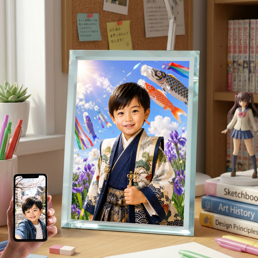 こどもの日 男の子 写真入り 名入れ こいのぼり ガラスフォトフレーム