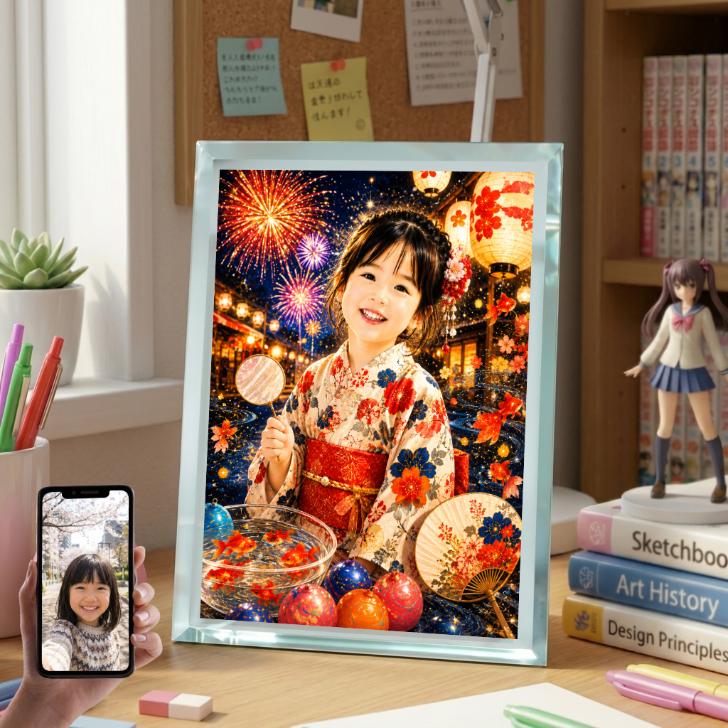 敬老の日 プレゼント 孫 写真入り 名入れ 夏祭り 浴衣 ガラスフォトフレーム