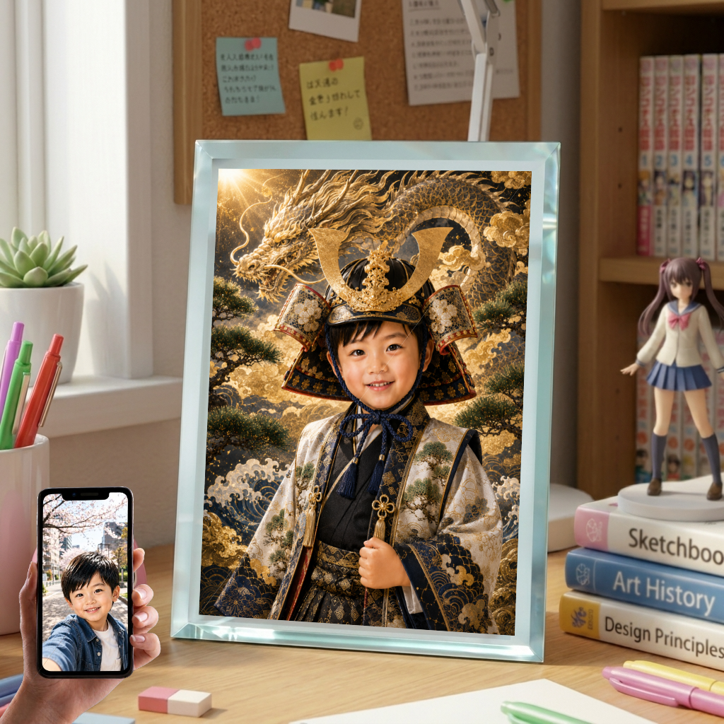 初節句 男の子 写真入り 名入れ 龍 兜 ガラスフォトフレーム