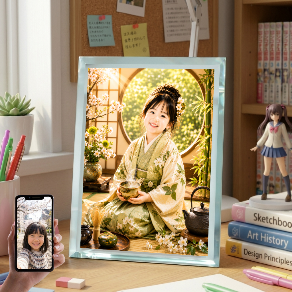 敬老の日 プレゼント 孫 写真入り 名入れ 茶道 着物 ガラスフォトフレーム