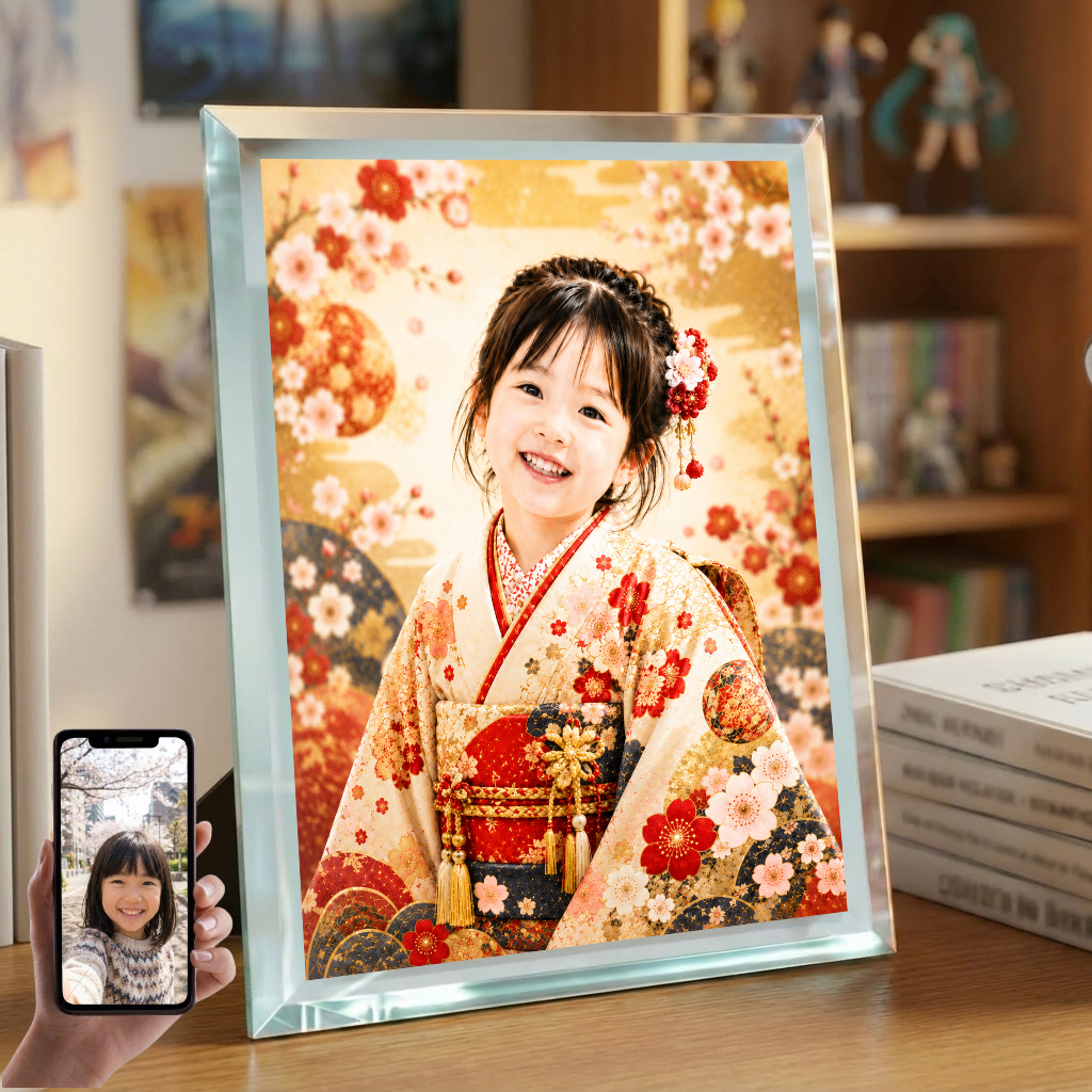 敬老の日 プレゼント 孫 写真入り 名入れ 七五三風 晴れ着 ガラスフォトフレーム
