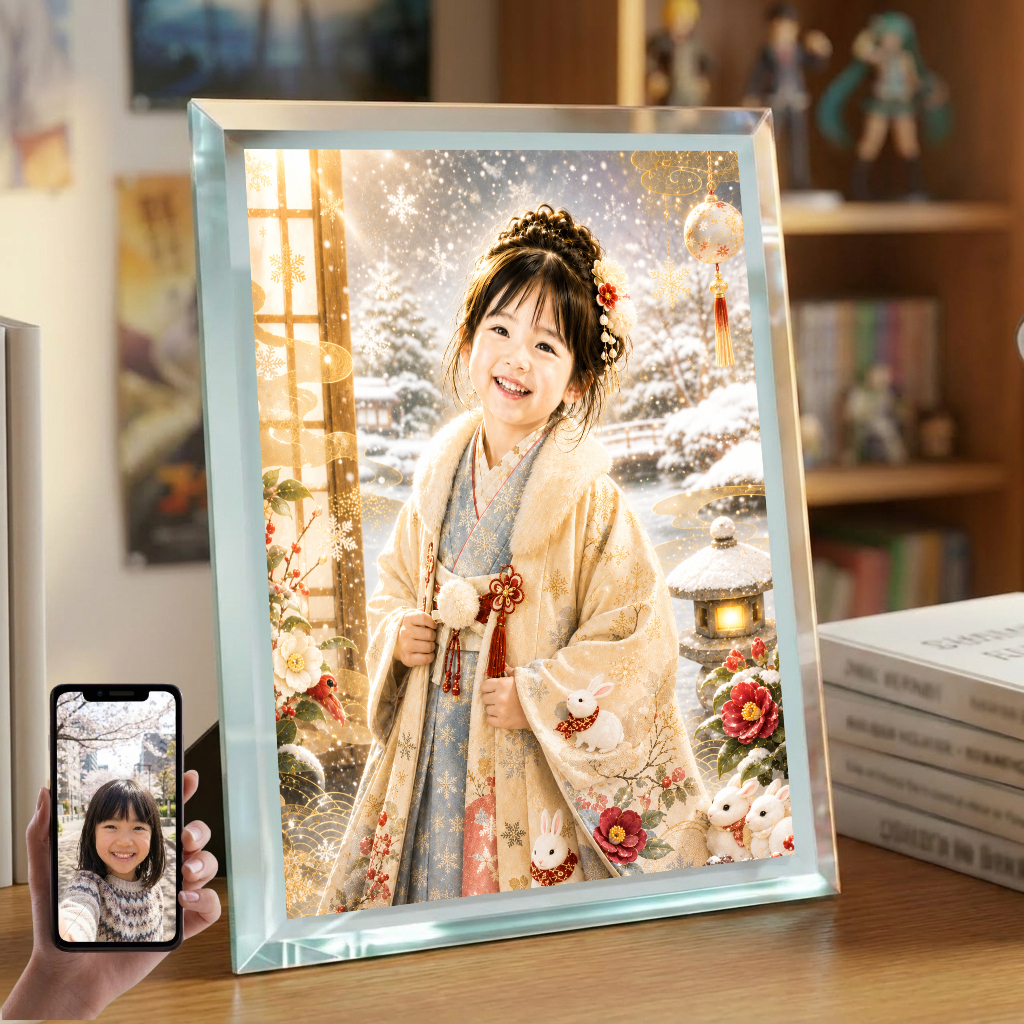 敬老の日 プレゼント 孫 写真入り 名入れ 雪うさぎ 冬着物 ガラスフォトフレーム