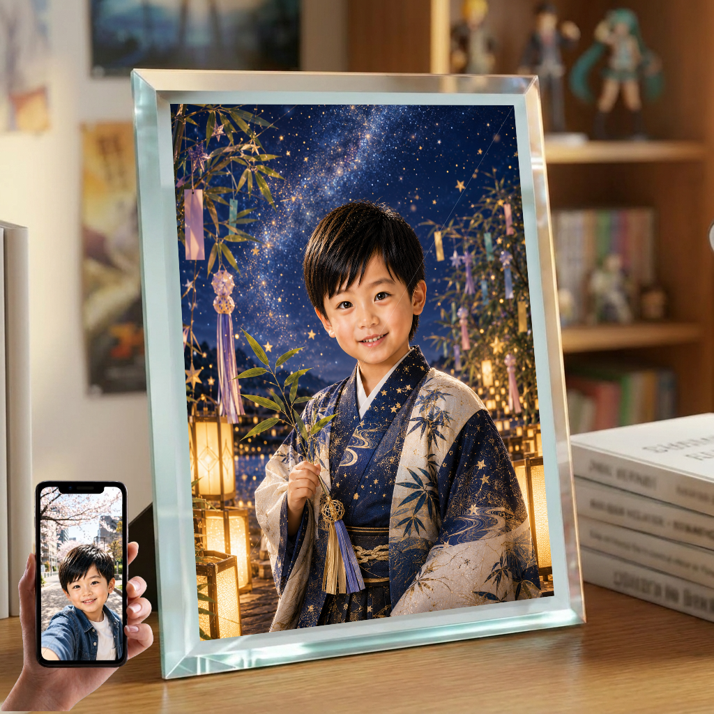 男の子 写真入り 名入れ 七夕 星まつり ガラスフォトフレーム