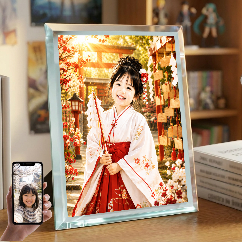 敬老の日 プレゼント 孫 写真入り 名入れ 巫女さん風 ガラスフォトフレーム