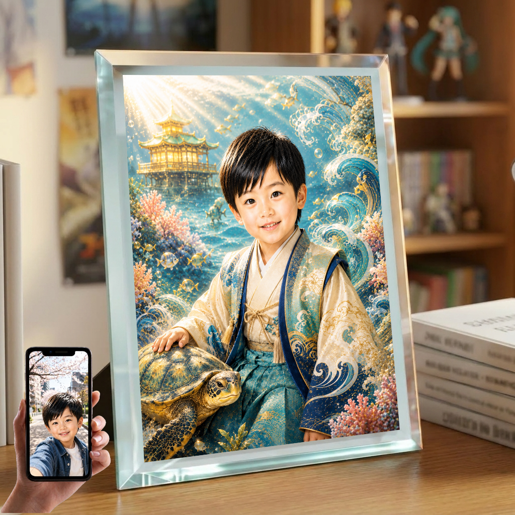 男の子 写真入り 名入れ 浦島太郎風 海の物語 ガラスフォトフレーム
