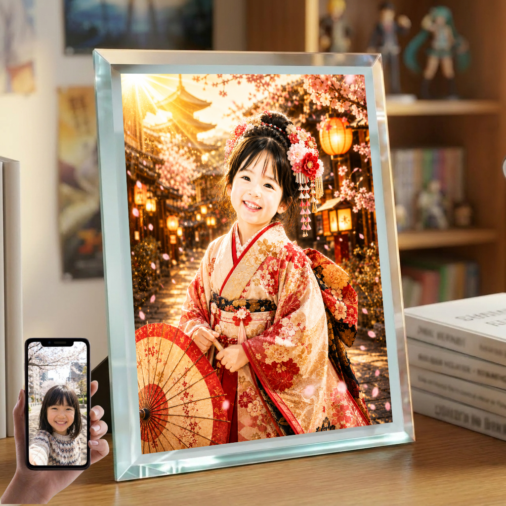 敬老の日 プレゼント 孫 写真入り 名入れ 舞妓さん風 京都 ガラスフォトフレーム