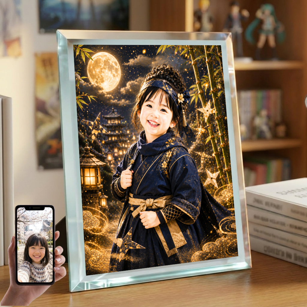敬老の日 プレゼント 孫 写真入り 名入れ 忍者ごっこ ガラスフォトフレーム