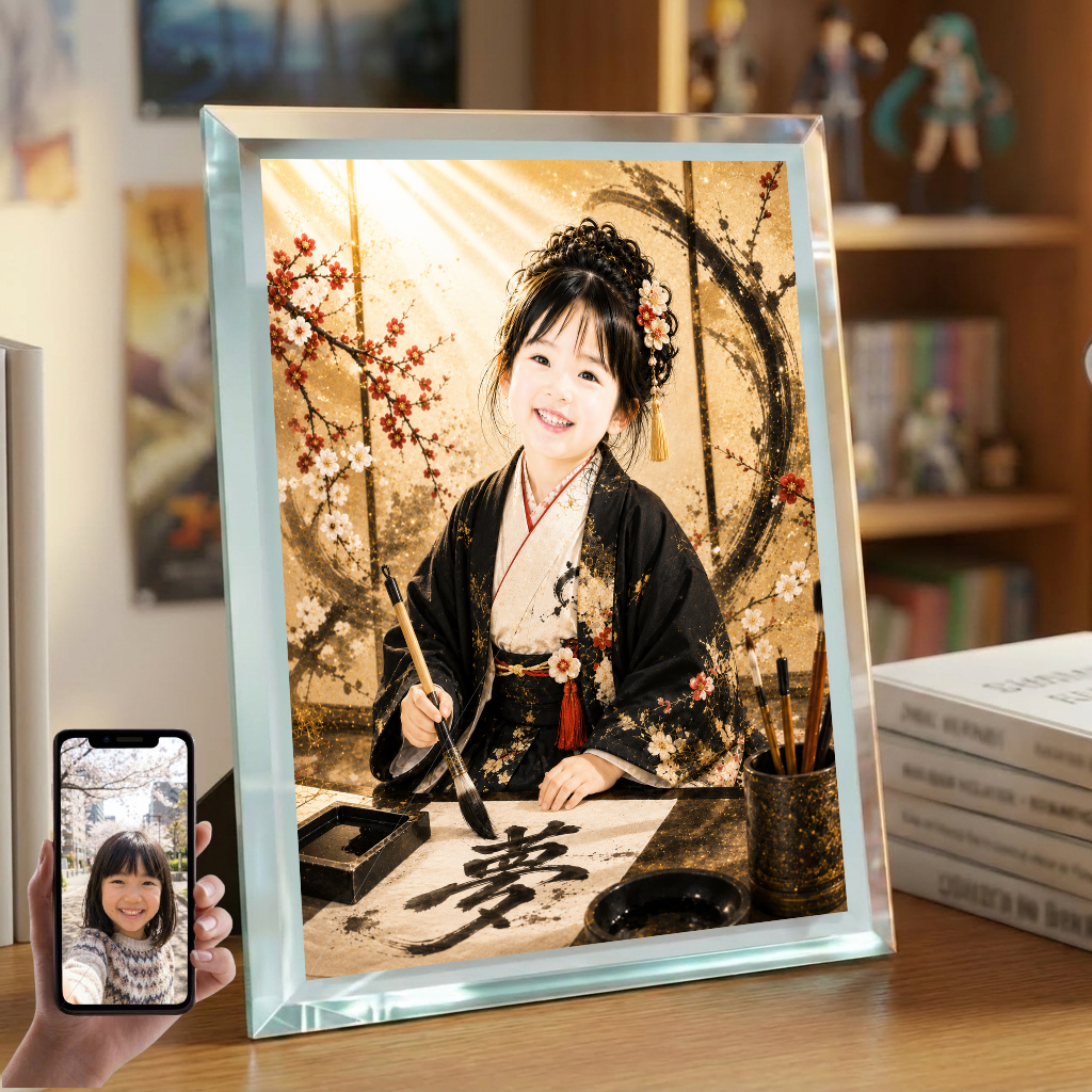 敬老の日 プレゼント 孫 写真入り 名入れ 書道家 着物 ガラスフォトフレーム