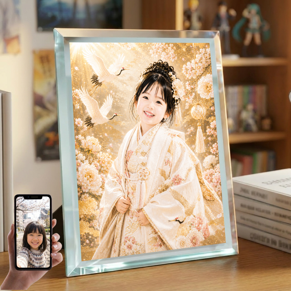 敬老の日 プレゼント 孫 写真入り 名入れ 白い祝着 鶴柄 ガラスフォトフレーム