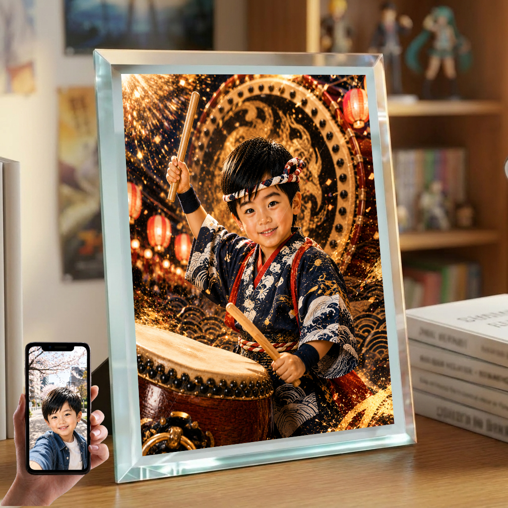 男の子 写真入り 名入れ 和太鼓 ヒーロー ガラスフォトフレーム