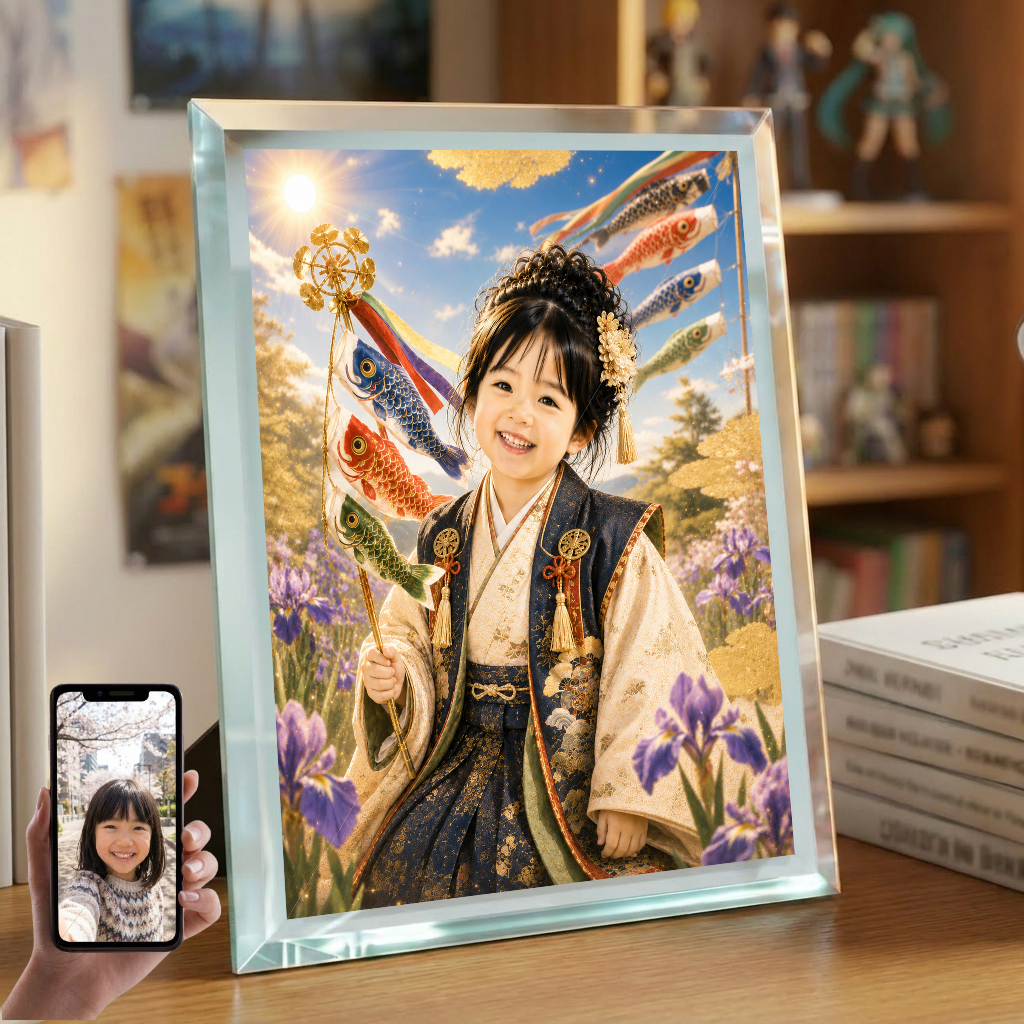 敬老の日 プレゼント 孫 写真入り 名入れ こいのぼり 陣羽織 ガラスフォトフレーム