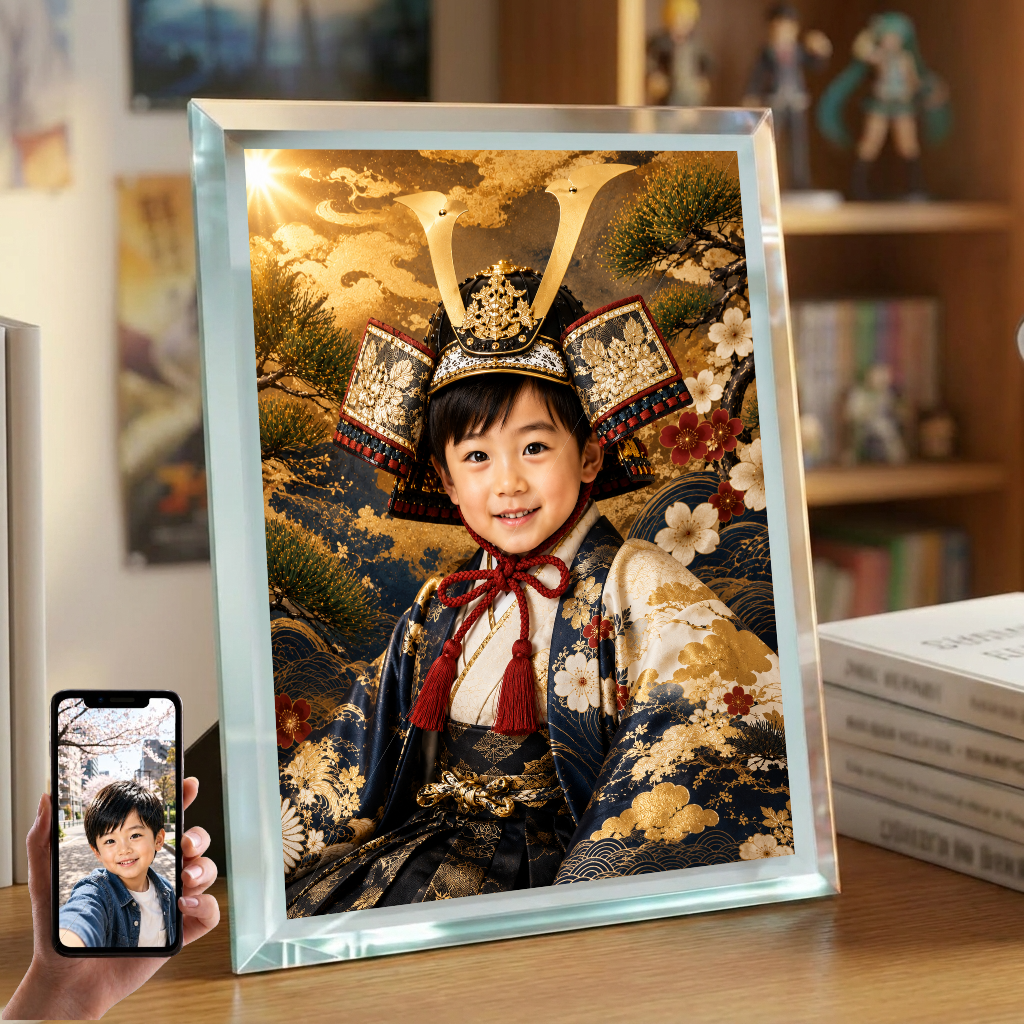 初節句 男の子 写真入り 名入れ 兜 若武者 ガラスフォトフレーム