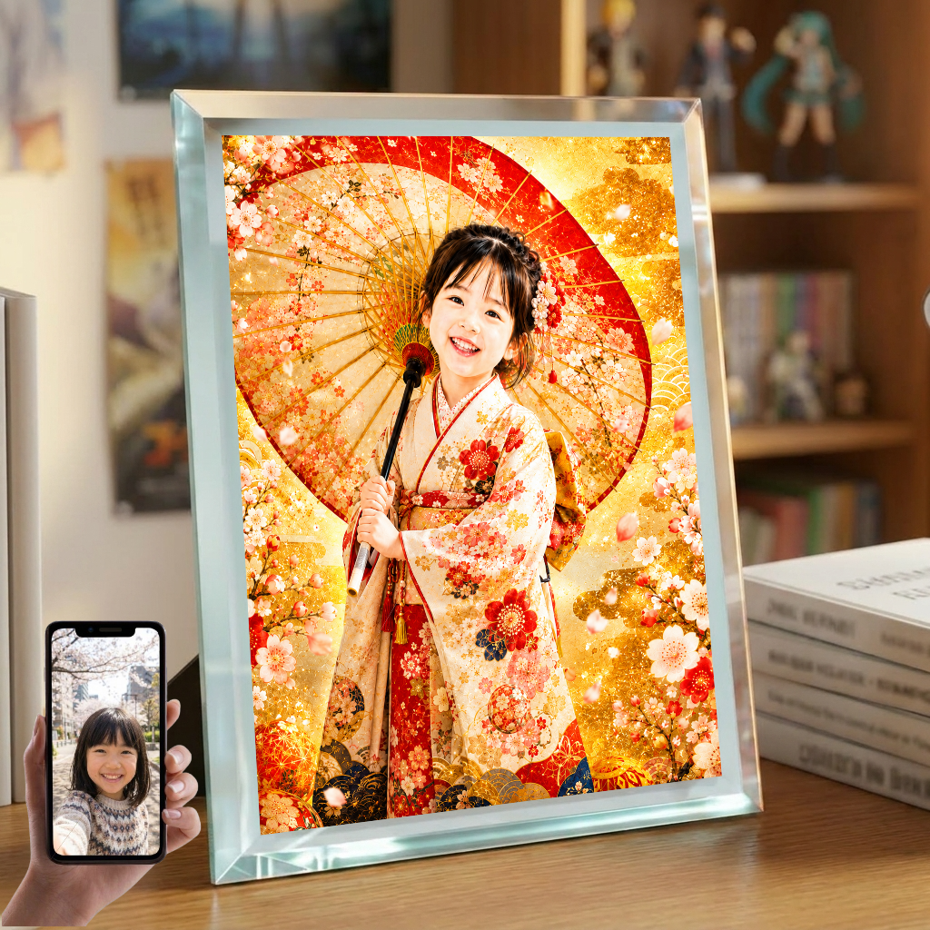 敬老の日 プレゼント 孫 写真入り 名入れ 番傘 着物 ガラスフォトフレーム