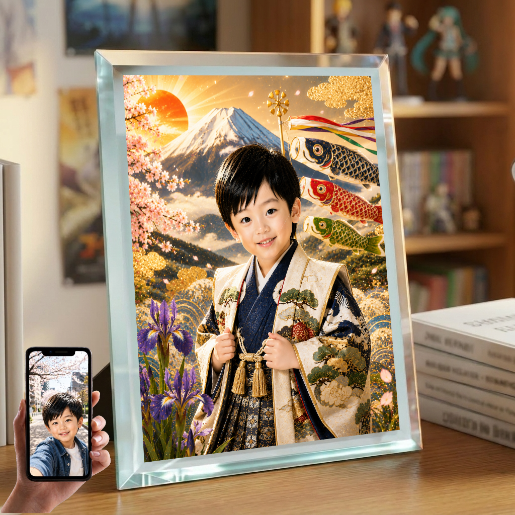 初節句 男の子 写真入り 名入れ 富士山 こいのぼり ガラスフォトフレーム
