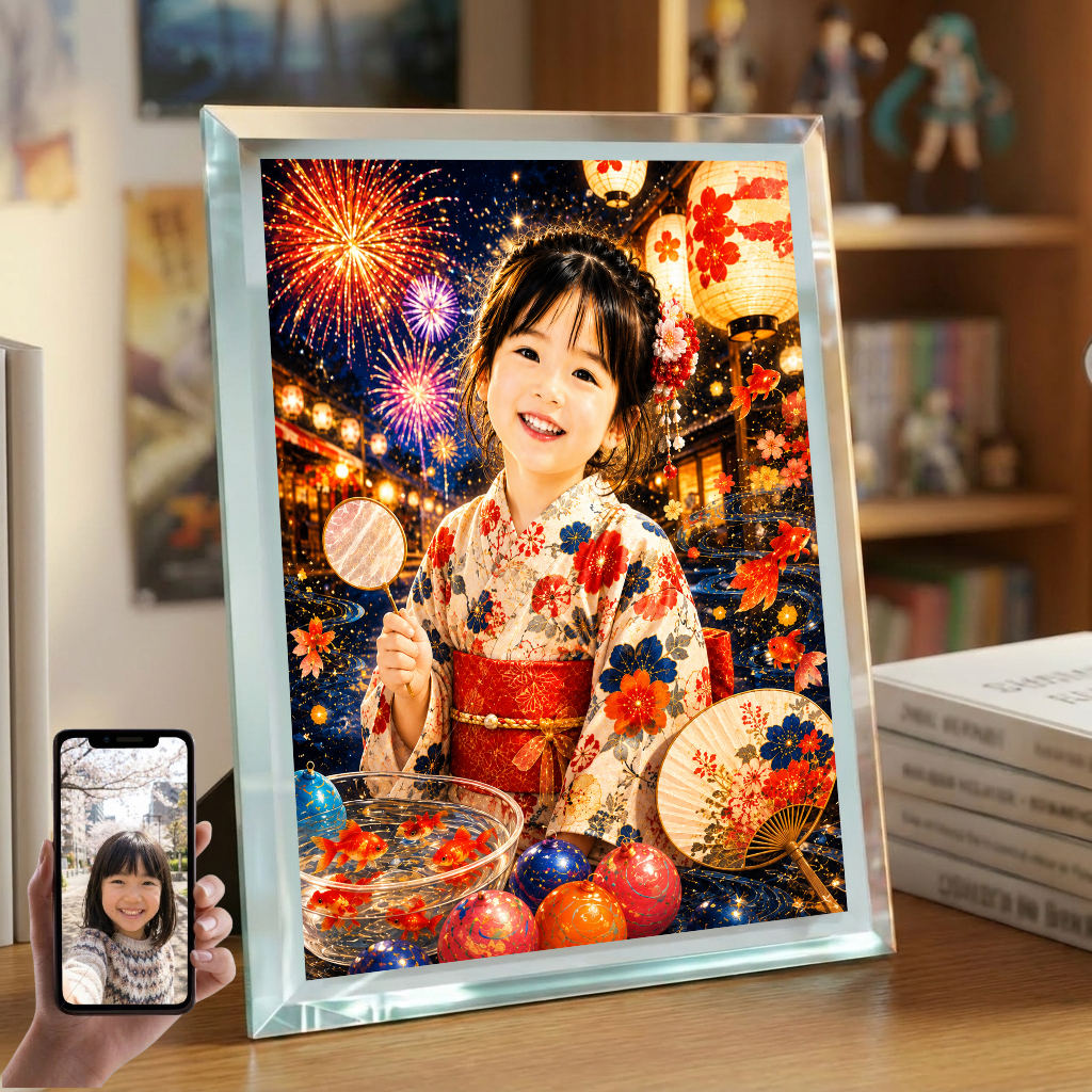 敬老の日 プレゼント 孫 写真入り 名入れ 夏祭り 浴衣 ガラスフォトフレーム