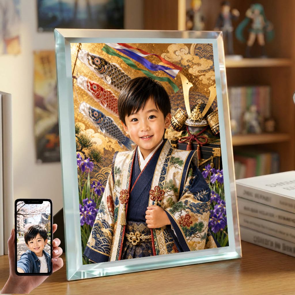 端午の節句 男の子 写真入り 名入れ 陣羽織 ガラスフォトフレーム