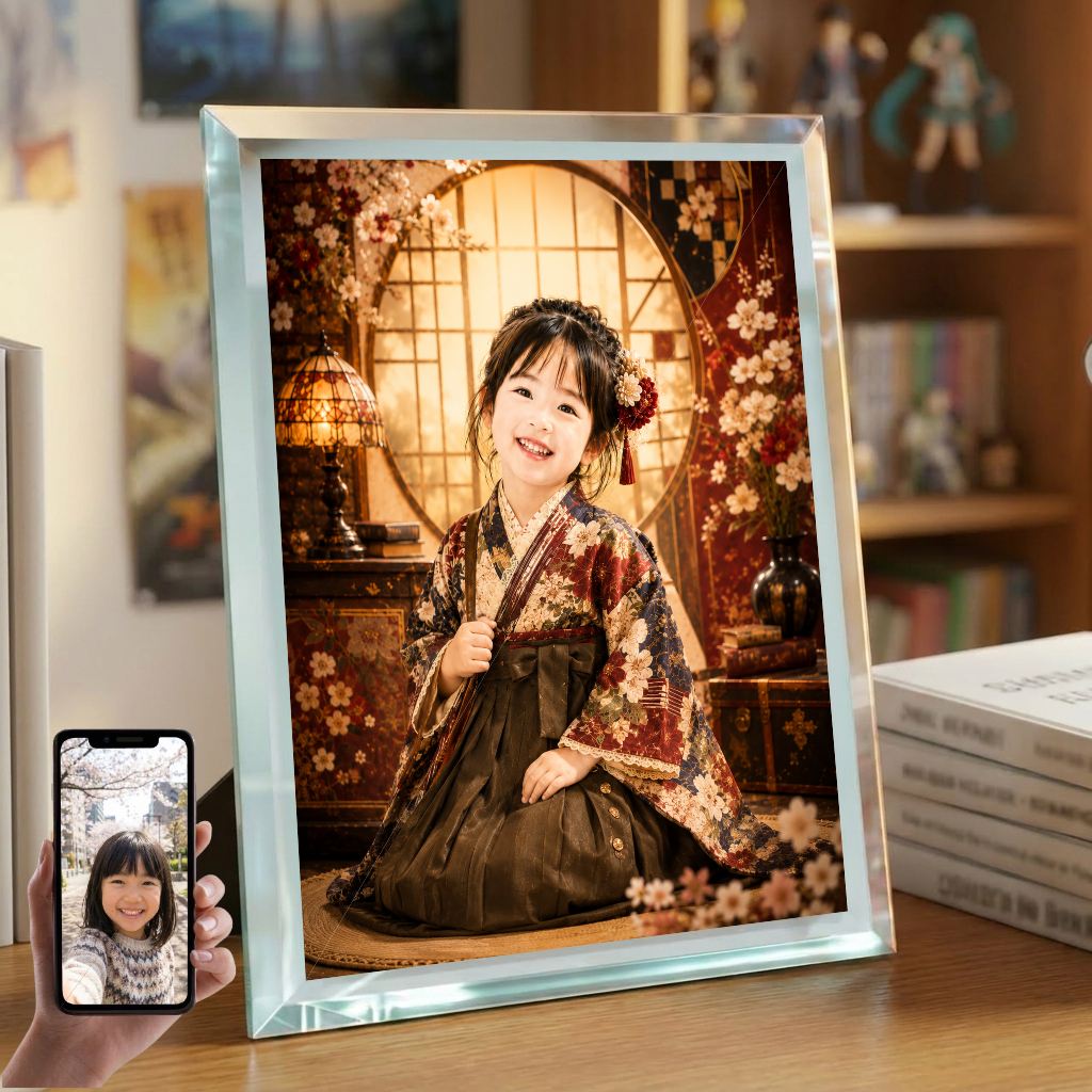 敬老の日 プレゼント 孫 写真入り 名入れ 大正ロマン 袴 ガラスフォトフレーム