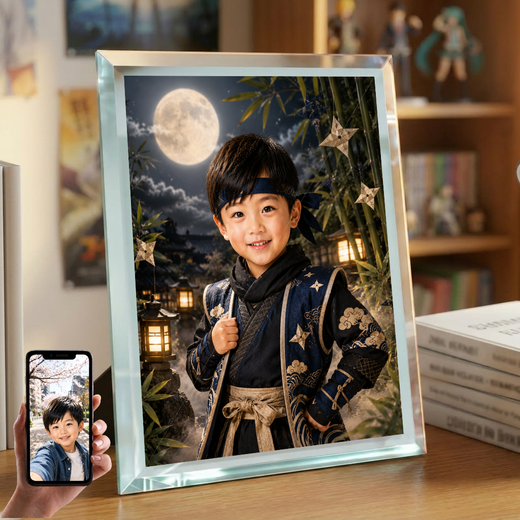 男の子 写真入り 名入れ 忍者ごっこ ガラスフォトフレーム