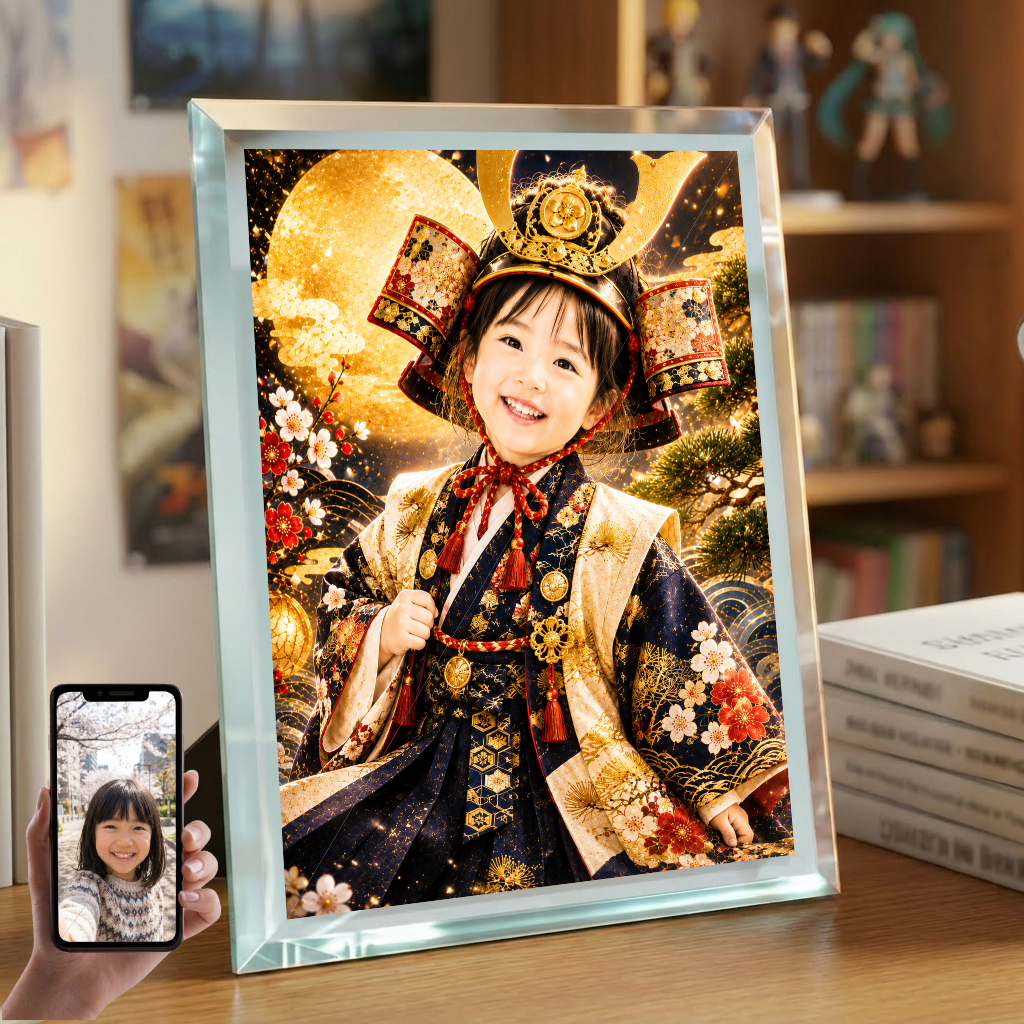敬老の日 プレゼント 孫 写真入り 名入れ 兜 若武者 ガラスフォトフレーム