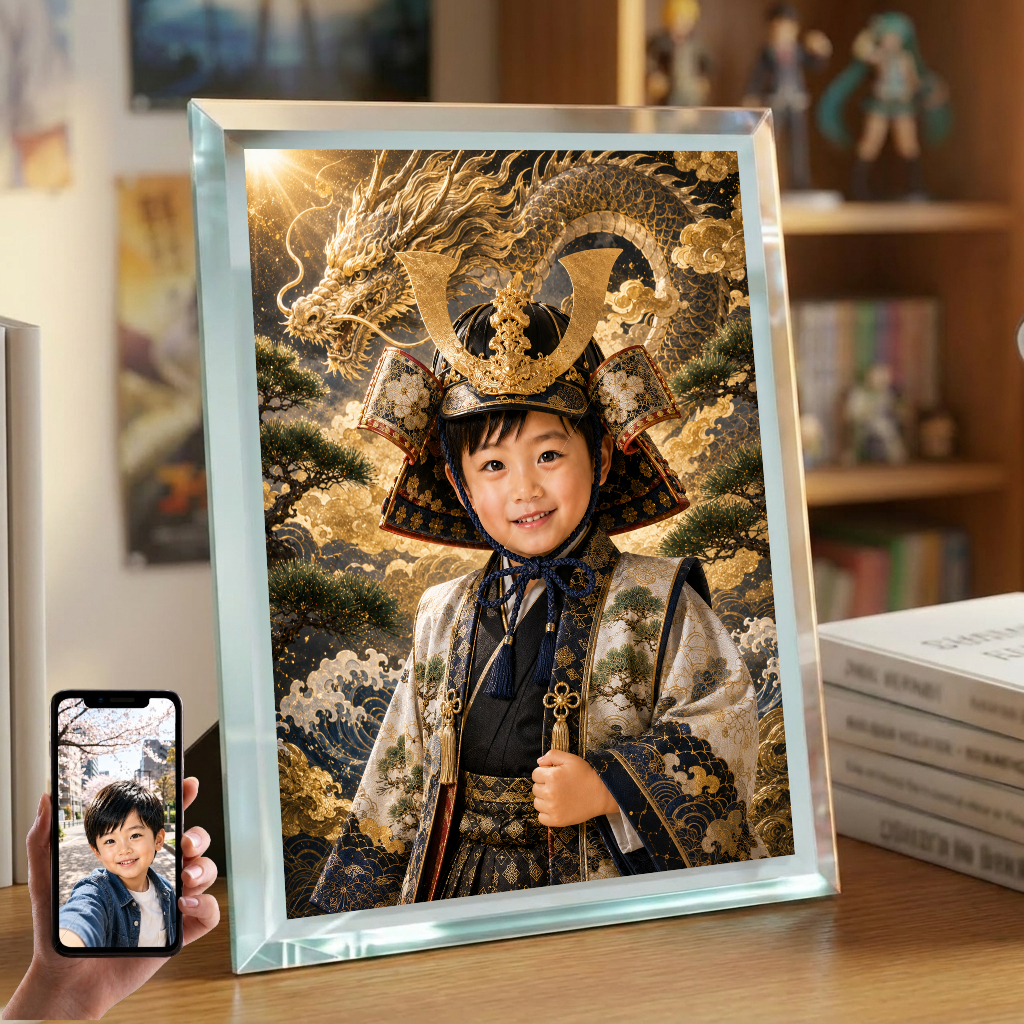 初節句 男の子 写真入り 名入れ 龍 兜 ガラスフォトフレーム