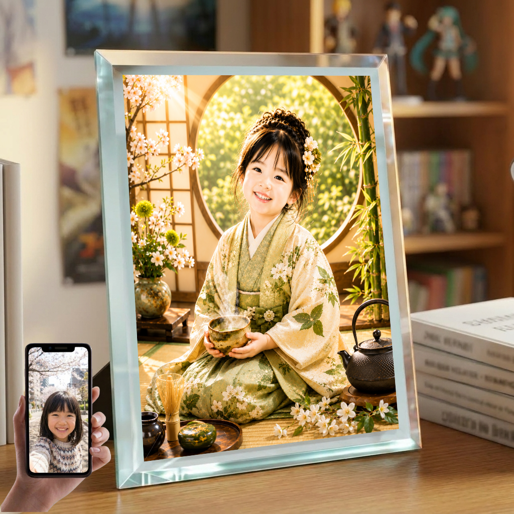 敬老の日 プレゼント 孫 写真入り 名入れ 茶道 着物 ガラスフォトフレーム