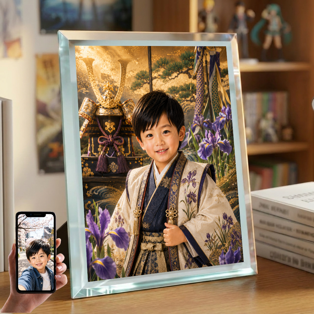 端午の節句 男の子 写真入り 名入れ 菖蒲 兜 ガラスフォトフレーム